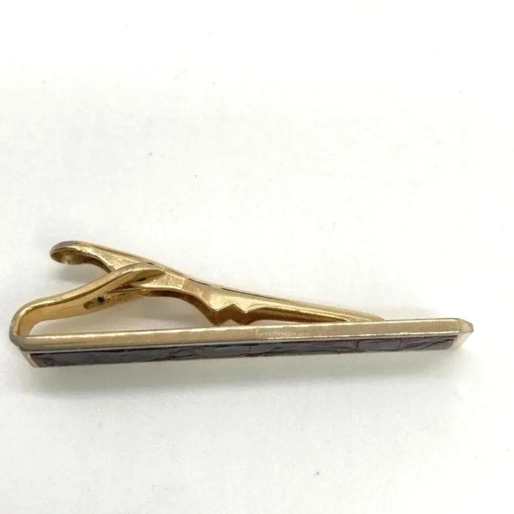 Vintage Swank Mens Square‎ Cufflinks Tie Clip Set Brown Faux Leather Gold Tone